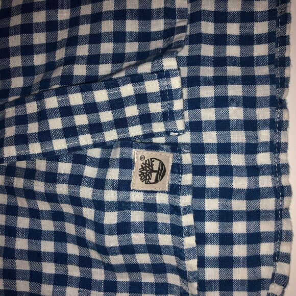 Timberland Mens Shirt Large Premium 100% Linen Blue Gingham Check Short Sleeve - Picture 4 of 5